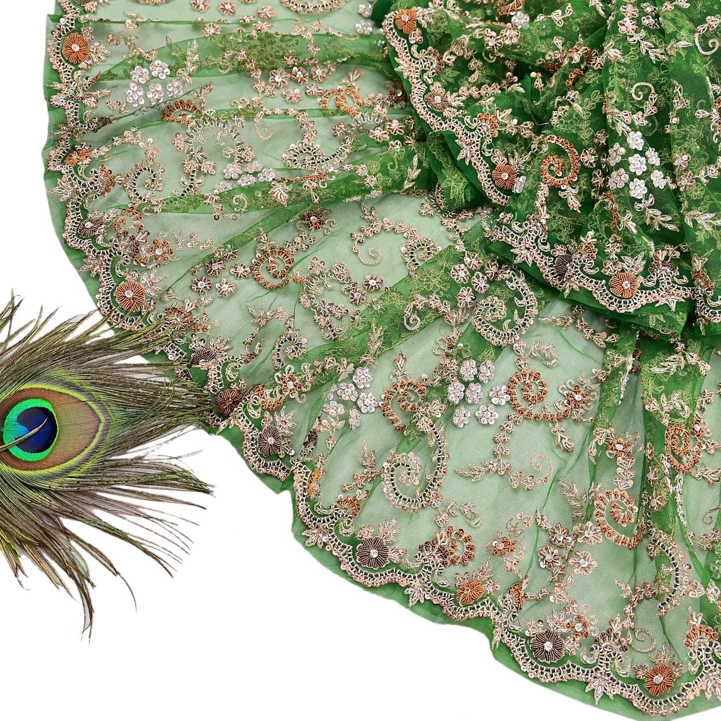 Indian Vintage Heavy Bridal Dupatta Hand Embroidered Green Net Mesh Veil Zardozi, Zari, Sequins Work Long Stole, Scarf, Hijab