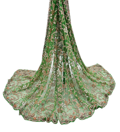 Indian Vintage Heavy Bridal Dupatta Hand Embroidered Green Net Mesh Veil Zardozi, Zari, Sequins Work Long Stole, Scarf, Hijab