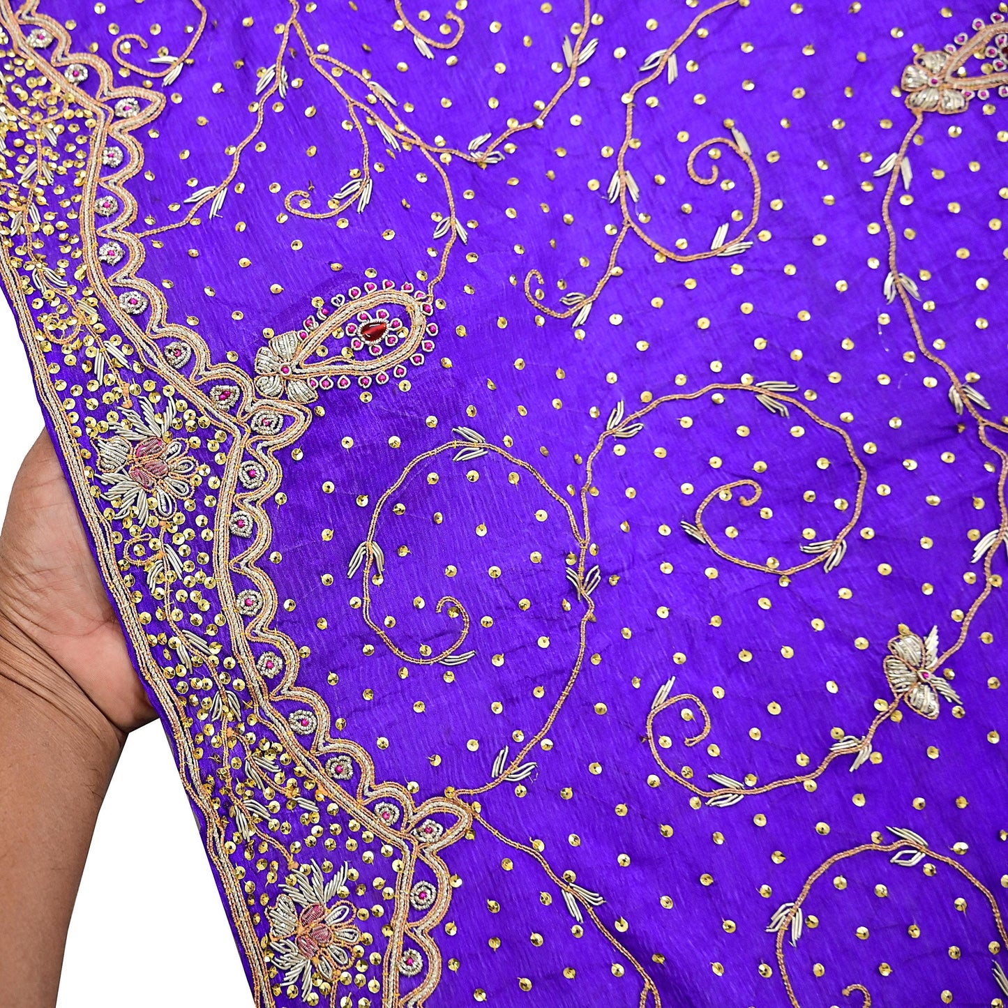 Indian Vintage Dupatta Purple Pure Chiffon Silk Long Stole Hand Embroidered Hijab Scarf Zardozi/Dabka Zari 1980s Wedding Dupatta