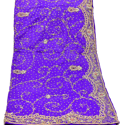 Indian Vintage Dupatta Purple Pure Chiffon Silk Long Stole Hand Embroidered Hijab Scarf Zardozi/Dabka Zari 1980s Wedding Dupatta