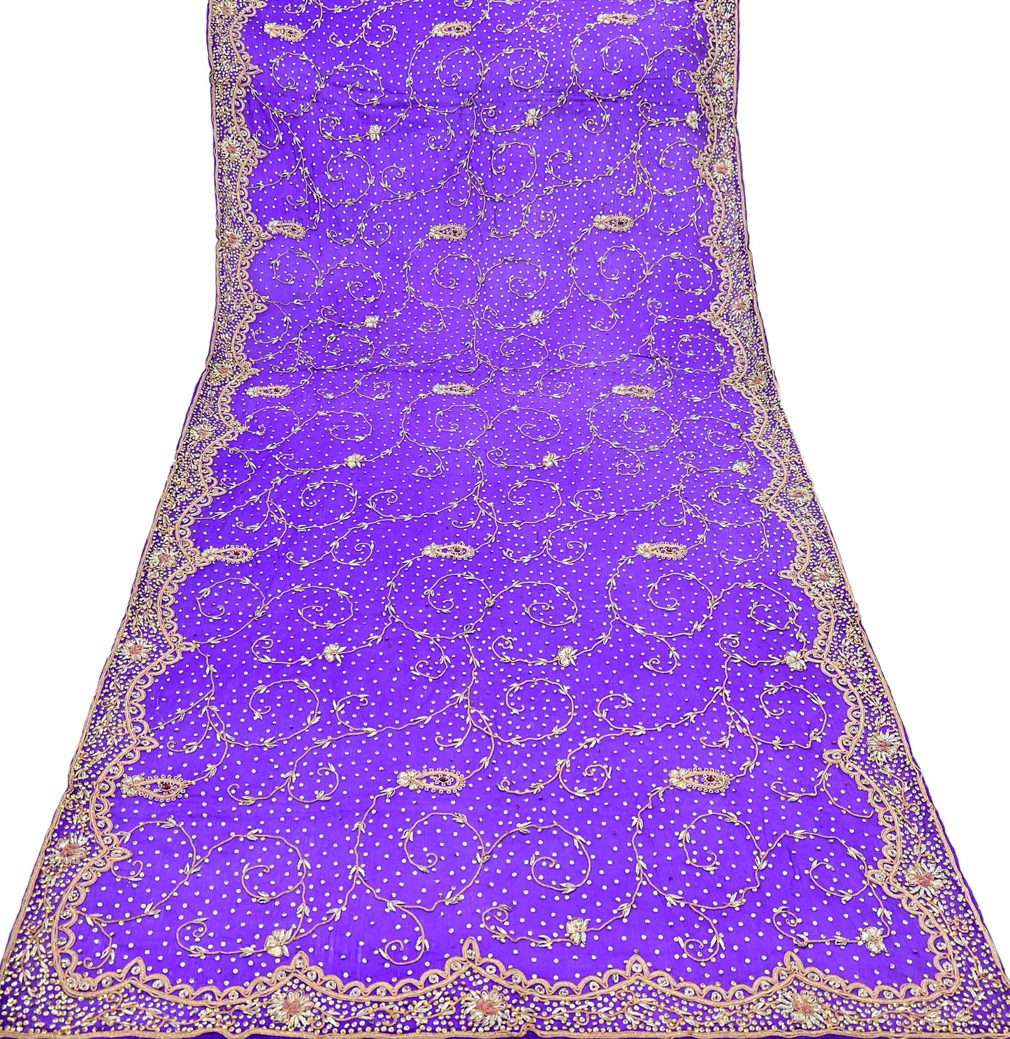 Indian Vintage Dupatta Purple Pure Chiffon Silk Long Stole Hand Embroidered Hijab Scarf Zardozi/Dabka Zari 1980s Wedding Dupatta