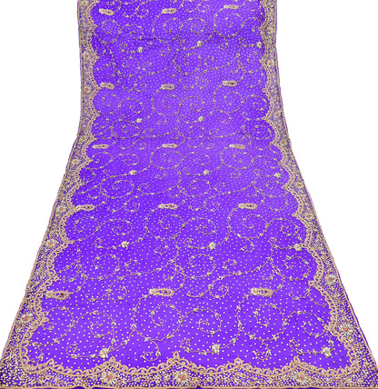 Indian Vintage Dupatta Purple Pure Chiffon Silk Long Stole Hand Embroidered Hijab Scarf Zardozi/Dabka Zari 1980s Wedding Dupatta