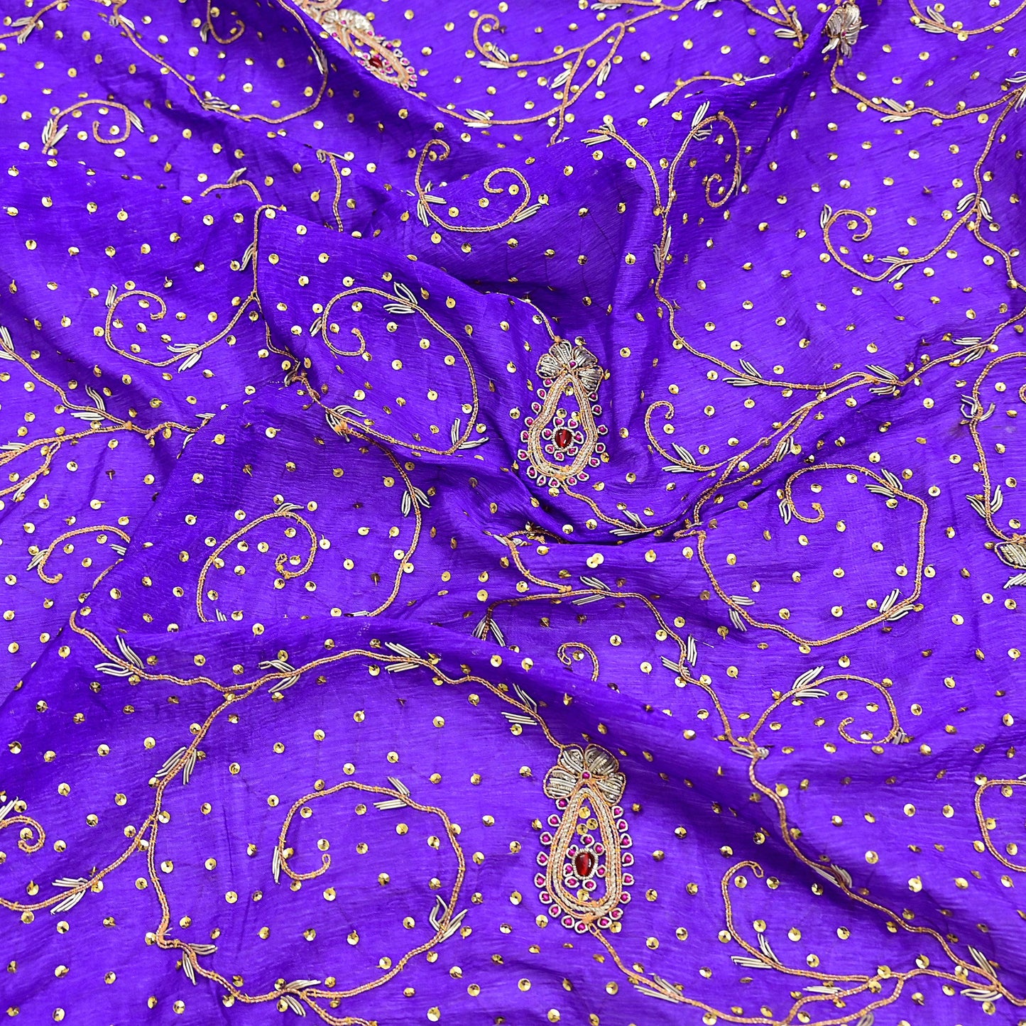 Indian Vintage Dupatta Purple Pure Chiffon Silk Long Stole Hand Embroidered Hijab Scarf Zardozi/Dabka Zari 1980s Wedding Dupatta