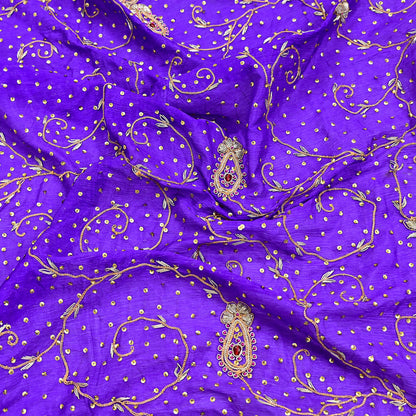 Indian Vintage Dupatta Purple Pure Chiffon Silk Long Stole Hand Embroidered Hijab Scarf Zardozi/Dabka Zari 1980s Wedding Dupatta
