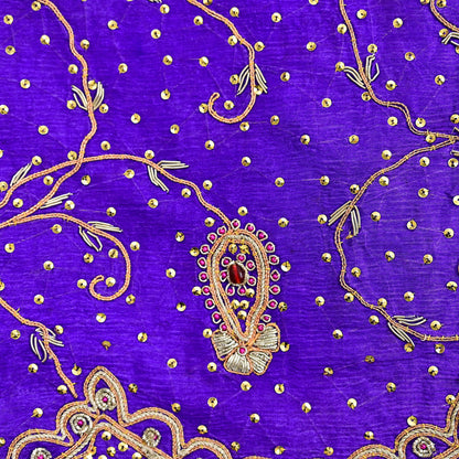 Indian Vintage Dupatta Purple Pure Chiffon Silk Long Stole Hand Embroidered Hijab Scarf Zardozi/Dabka Zari 1980s Wedding Dupatta