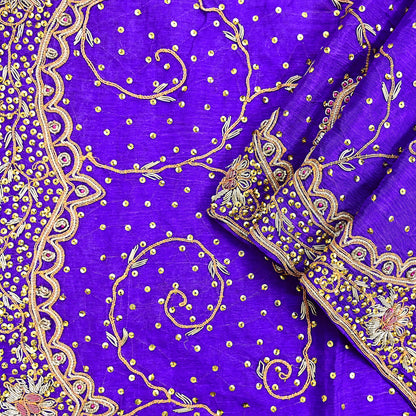 Indian Vintage Dupatta Purple Pure Chiffon Silk Long Stole Hand Embroidered Hijab Scarf Zardozi/Dabka Zari 1980s Wedding Dupatta