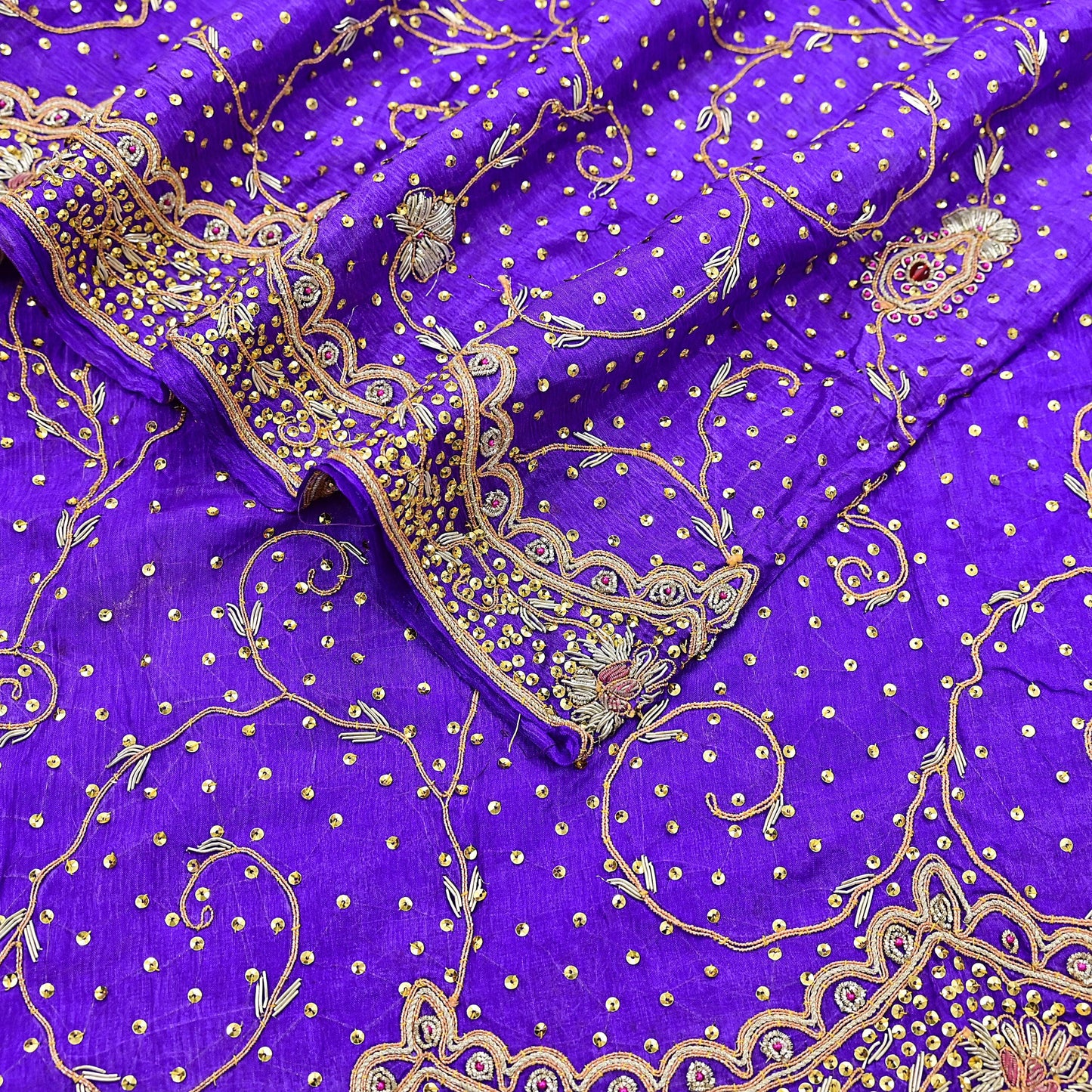 Indian Vintage Dupatta Purple Pure Chiffon Silk Long Stole Hand Embroidered Hijab Scarf Zardozi/Dabka Zari 1980s Wedding Dupatta