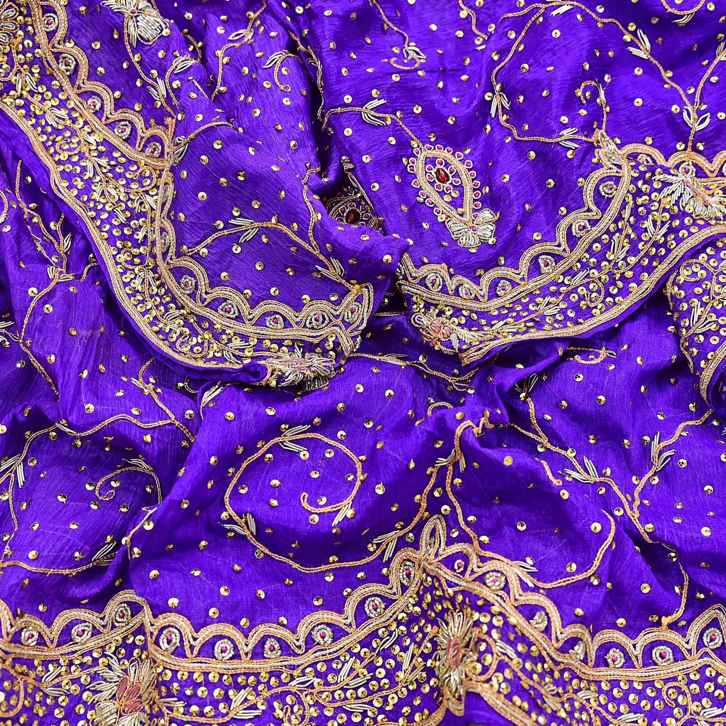 Indian Vintage Dupatta Purple Pure Chiffon Silk Long Stole Hand Embroidered Hijab Scarf Zardozi/Dabka Zari 1980s Wedding Dupatta