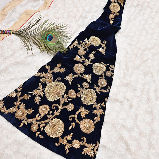 Indian Vintage Blue velvet Appliques  Set of 1 | Hand-Embroidered Floral Patches with Zardozi,Dabka, Zari,for Craft, Journals