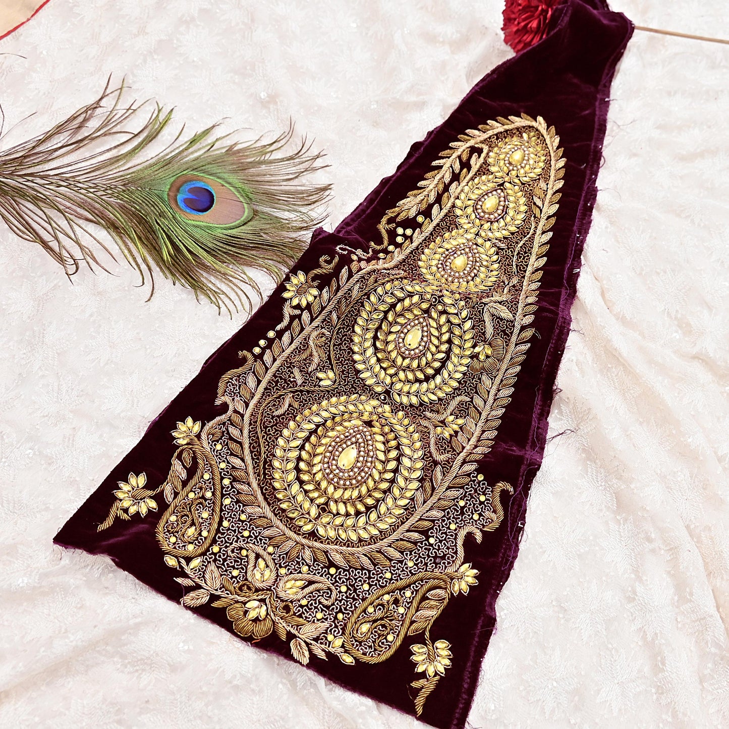 Indian Vintage Purple velvet Appliques  Set of 1 | Hand-Embroidered Floral Patches with Zardozi,Dabka, Zari,for Craft, Journals