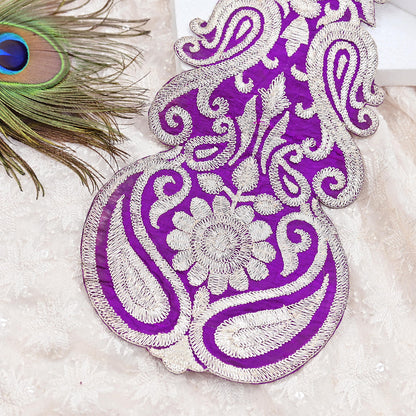 Indian Vintage Purple Raw silk Appliques  Set of 1 | Hand-Embroidered Floral Patches with Zari,for Craft, Journals