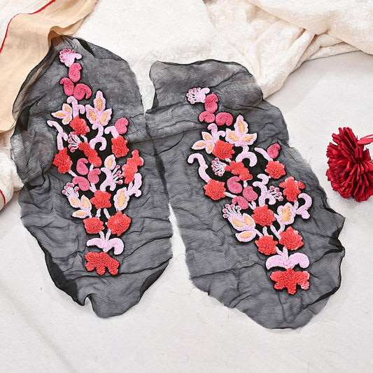 Indian Vintage Black Pure Chiffon Silk Appliques  Set of 2 | Hand-Embroidered bandhani Floral Patches for Craft Journals size 12.5X4.5"