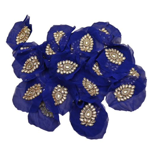 Indian Vintage Blue Pure Georgette Silk Appliques  Set of 5 | Hand-Embroidered Floral Patches with Zardozi, Dabka, for Craft, Journals