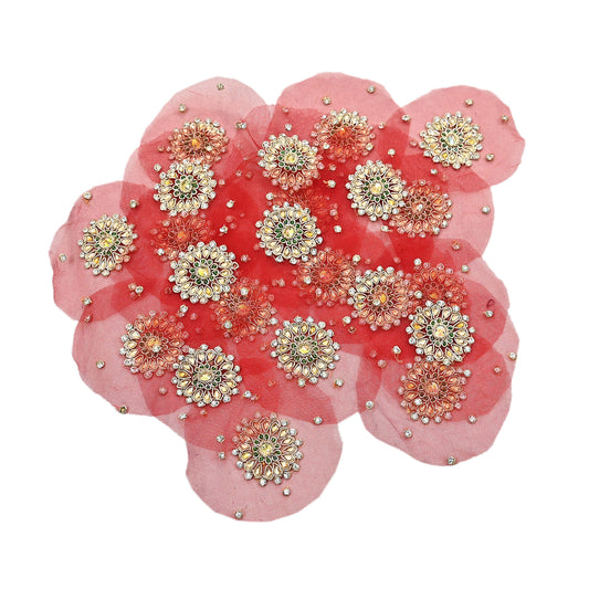 Indian Vintage Red Net Hand-Embroidered Appliques  Set of 5 I Zardozi, Dabka, Bead Work | Floral Patches for Crafts, Journals