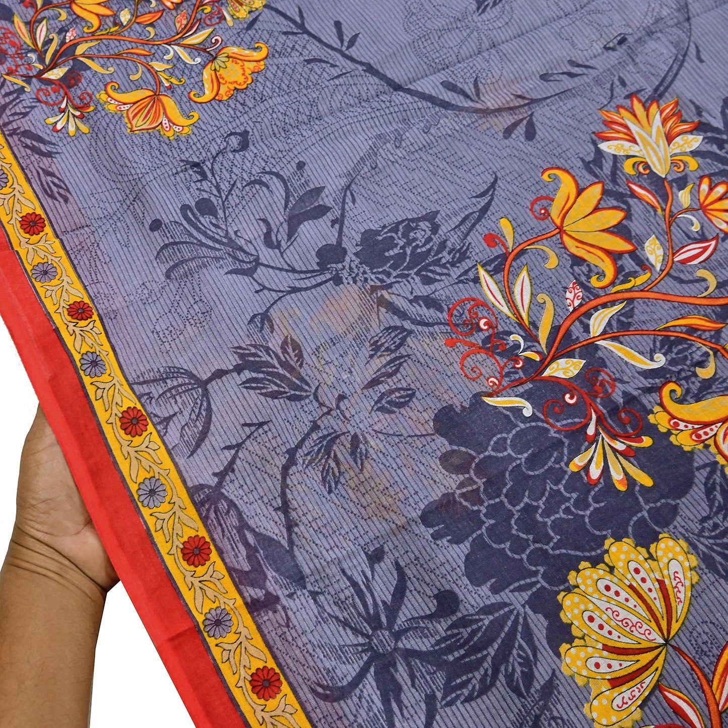Indian Vintage Gray Saree Printed Pure Cotton Indian Sari Craft Fabric 5Yd Sewing Soft Sarong Wrap Boho Floral Quilting Crafting