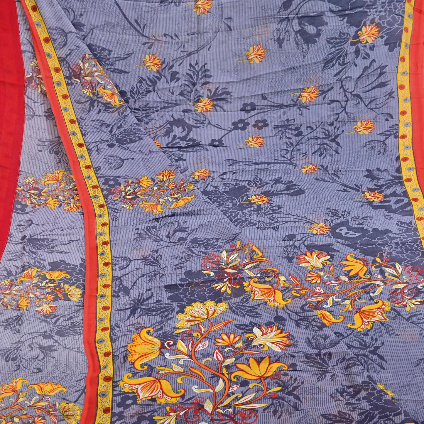 Indian Vintage Gray Saree Printed Pure Cotton Indian Sari Craft Fabric 5Yd Sewing Soft Sarong Wrap Boho Floral Quilting Crafting