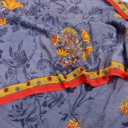 Indian Vintage Gray Saree Printed Pure Cotton Indian Sari Craft Fabric 5Yd Sewing Soft Sarong Wrap Boho Floral Quilting Crafting