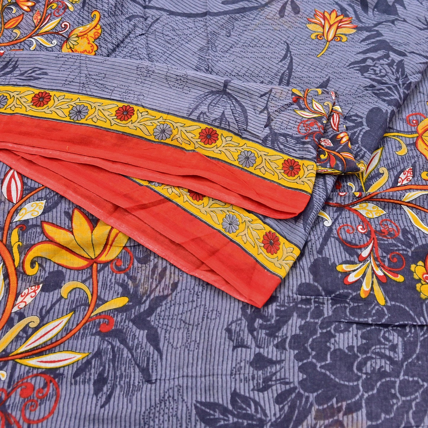 Indian Vintage Gray Saree Printed Pure Cotton Indian Sari Craft Fabric 5Yd Sewing Soft Sarong Wrap Boho Floral Quilting Crafting