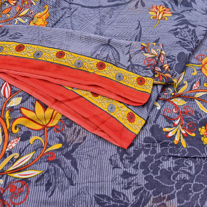 Indian Vintage Gray Saree Printed Pure Cotton Indian Sari Craft Fabric 5Yd Sewing Soft Sarong Wrap Boho Floral Quilting Crafting