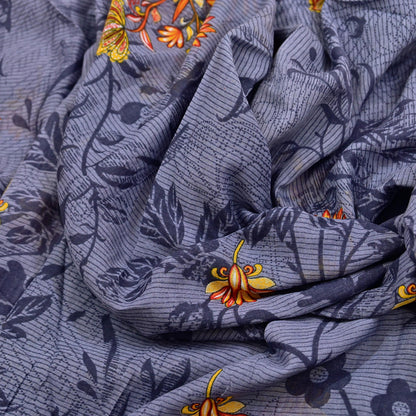 Indian Vintage Gray Saree Printed Pure Cotton Indian Sari Craft Fabric 5Yd Sewing Soft Sarong Wrap Boho Floral Quilting Crafting
