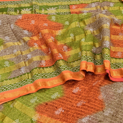 Indian Vintage Sari Rusty & Green Printed Pure Cotton Sarees Craft Fabric 5Yd Soft Sewing Sarong Wrap Boho Floral Quilting Dress making