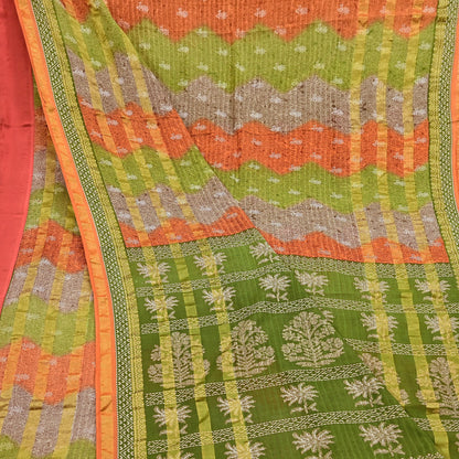 Indian Vintage Sari Rusty & Green Printed Pure Cotton Sarees Craft Fabric 5Yd Soft Sewing Sarong Wrap Boho Floral Quilting Dress making