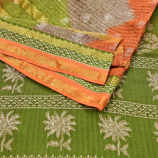 Indian Vintage Sari Rusty & Green Printed Pure Cotton Sarees Craft Fabric 5Yd Soft Sewing Sarong Wrap Boho Floral Quilting Dress making