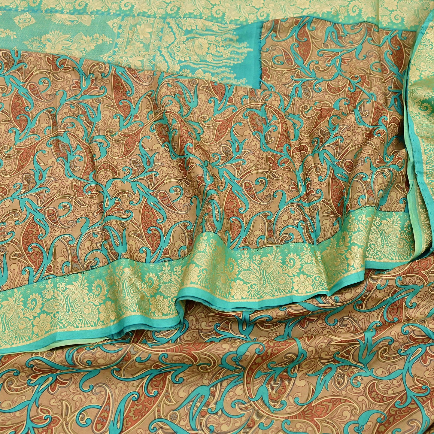 Indian Vintage Sari Brown & Green 100% Pure Silk Printed Woven Saree 5yd Sewing Craft Fabric Soft Dress Designing for Crafting Quilting
