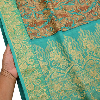 Indian Vintage Sari Brown & Green 100% Pure Silk Printed Woven Saree 5yd Sewing Craft Fabric Soft Dress Designing for Crafting Quilting