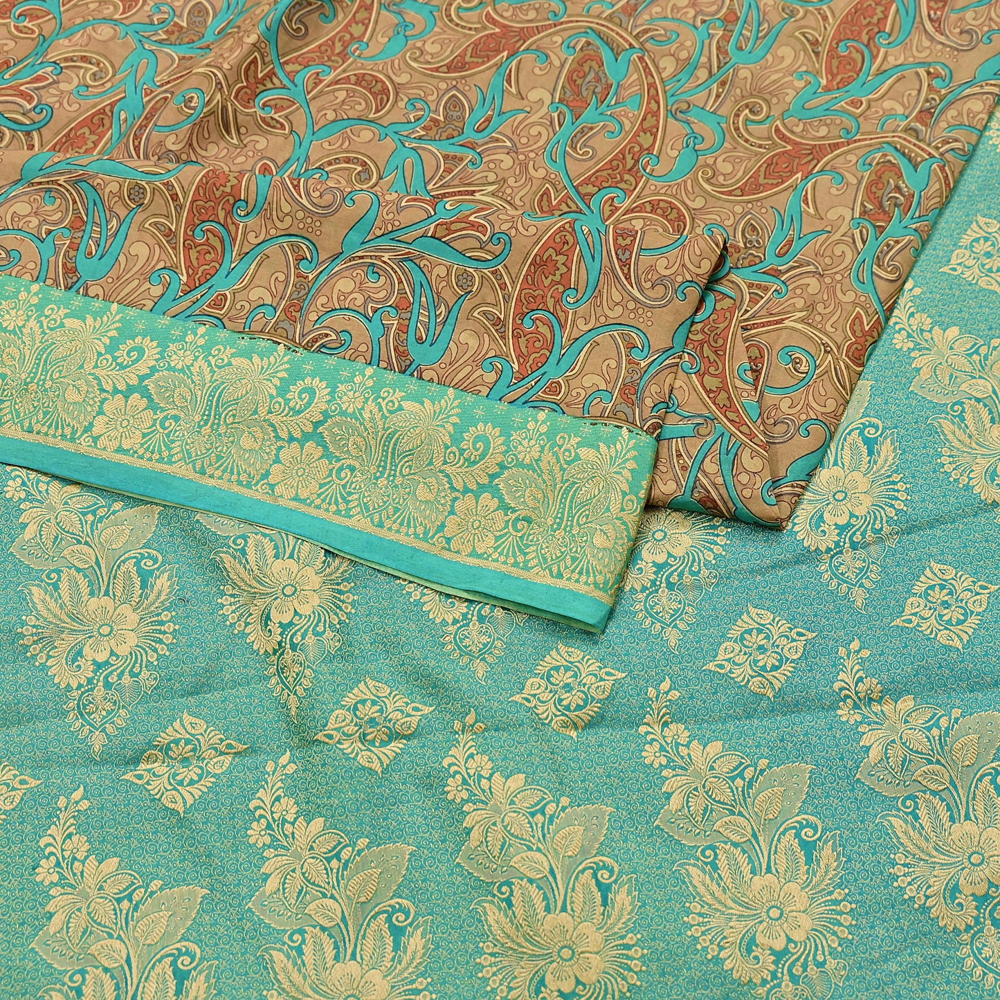 Indian Vintage Sari Brown & Green 100% Pure Silk Printed Woven Saree 5yd Sewing Craft Fabric Soft Dress Designing for Crafting Quilting