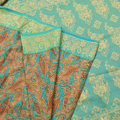 Indian Vintage Sari Brown & Green 100% Pure Silk Printed Woven Saree 5yd Sewing Craft Fabric Soft Dress Designing for Crafting Quilting