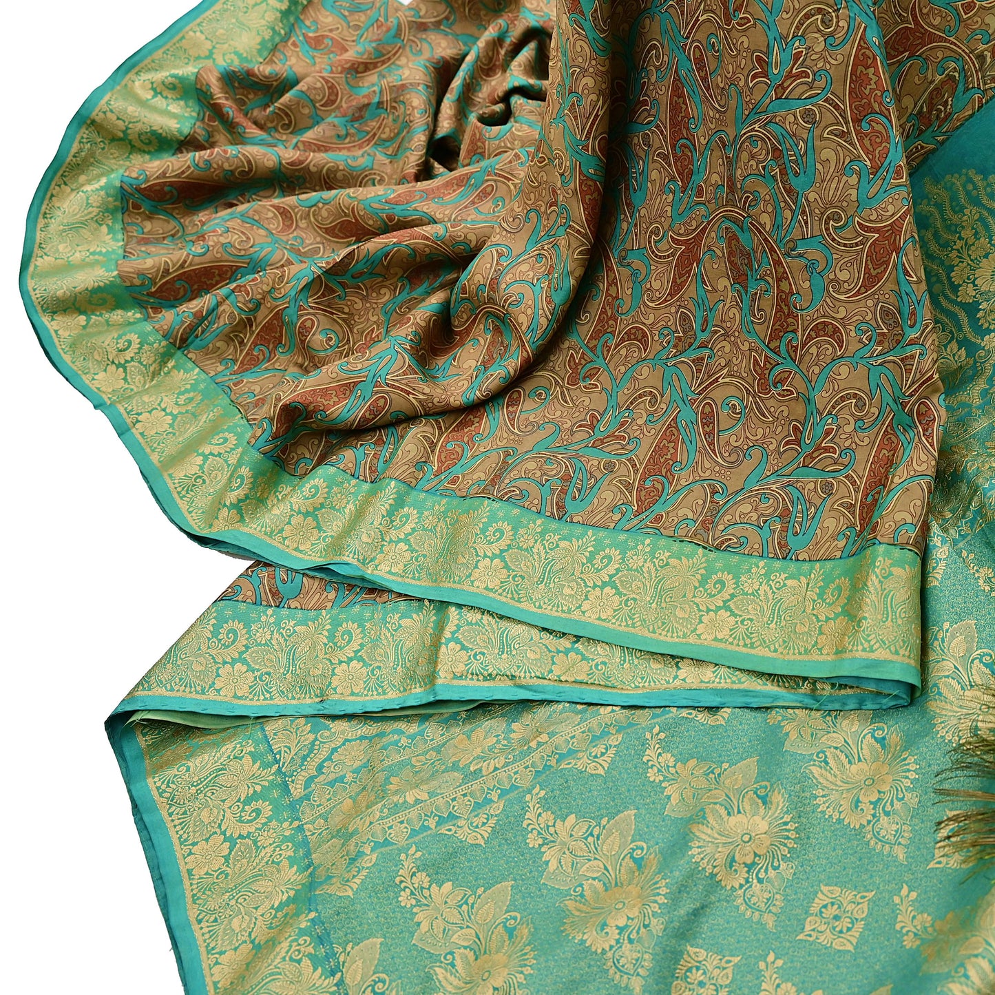 Indian Vintage Sari Brown & Green 100% Pure Silk Printed Woven Saree 5yd Sewing Craft Fabric Soft Dress Designing for Crafting Quilting