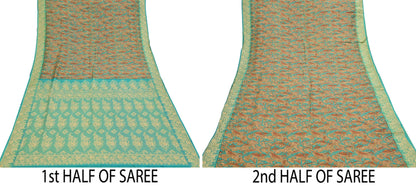 Indian Vintage Sari Brown & Green 100% Pure Silk Printed Woven Saree 5yd Sewing Craft Fabric Soft Dress Designing for Crafting Quilting