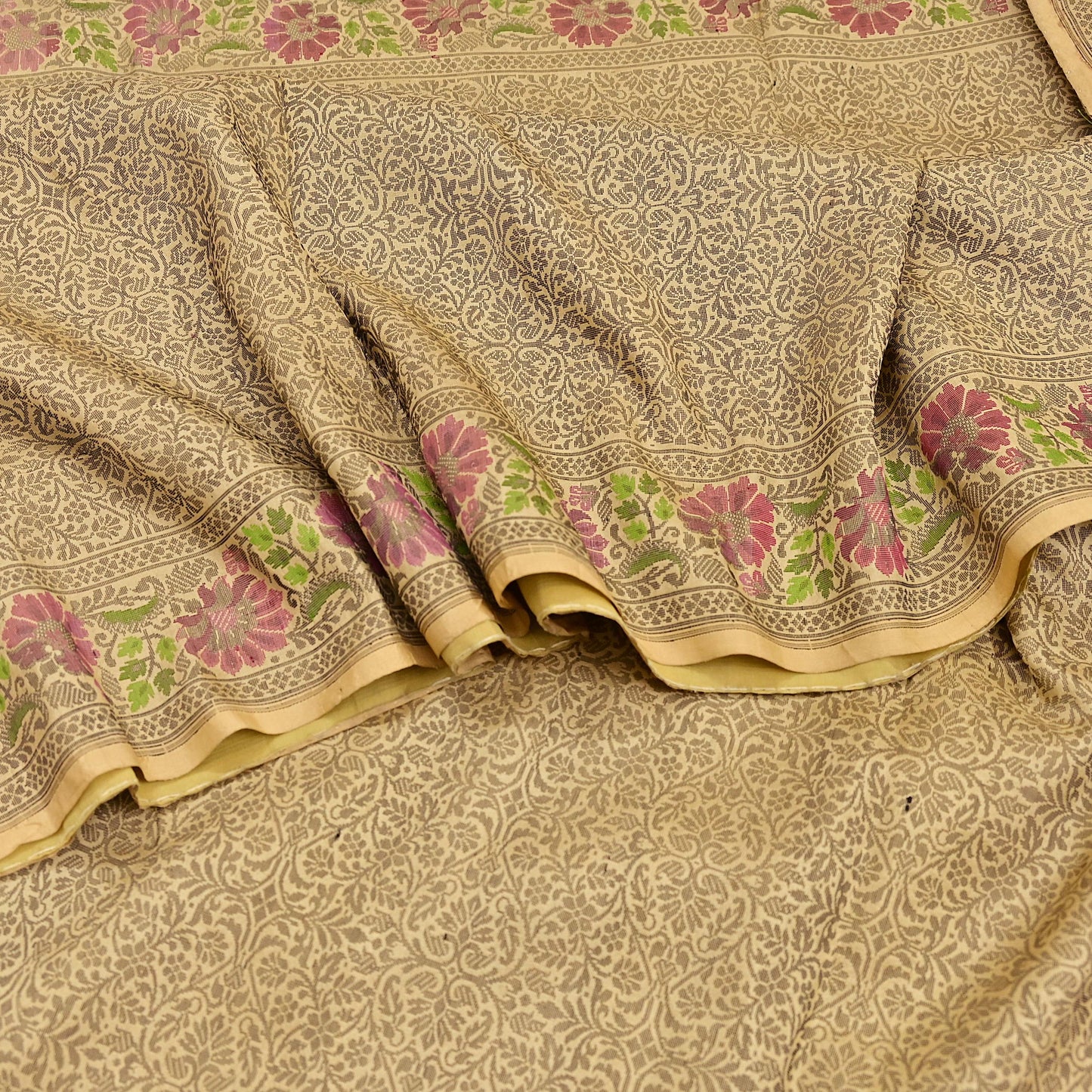 Indian Vintage Sari Beige 100% Pure Silk Hand Woven Sarees Craft Fabric 5Yd Ethnic Sewing Dress making Crafting Quilting Upcycle