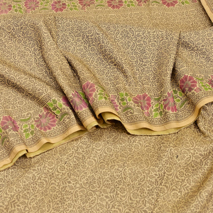 Indian Vintage Sari Beige 100% Pure Silk Hand Woven Sarees Craft Fabric 5Yd Ethnic Sewing Dress making Crafting Quilting Upcycle