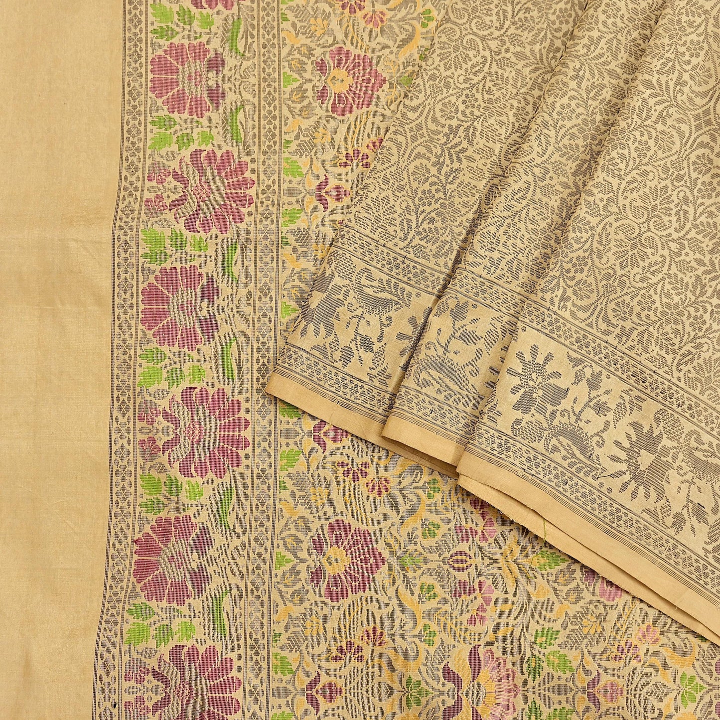 Indian Vintage Sari Beige 100% Pure Silk Hand Woven Sarees Craft Fabric 5Yd Ethnic Sewing Dress making Crafting Quilting Upcycle