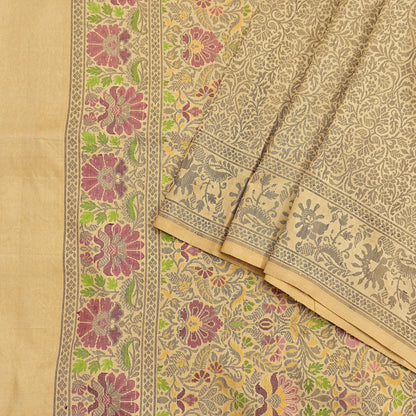 Indian Vintage Sari Beige 100% Pure Silk Hand Woven Sarees Craft Fabric 5Yd Ethnic Sewing Dress making Crafting Quilting Upcycle