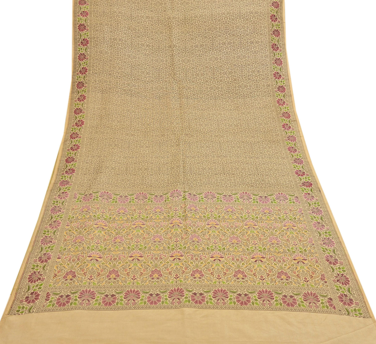 Indian Vintage Sari Beige 100% Pure Silk Hand Woven Sarees Craft Fabric 5Yd Ethnic Sewing Dress making Crafting Quilting Upcycle