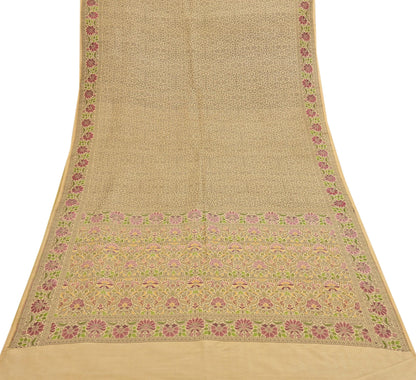 Indian Vintage Sari Beige 100% Pure Silk Hand Woven Sarees Craft Fabric 5Yd Ethnic Sewing Dress making Crafting Quilting Upcycle