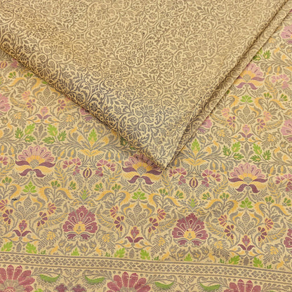 Indian Vintage Sari Beige 100% Pure Silk Hand Woven Sarees Craft Fabric 5Yd Ethnic Sewing Dress making Crafting Quilting Upcycle