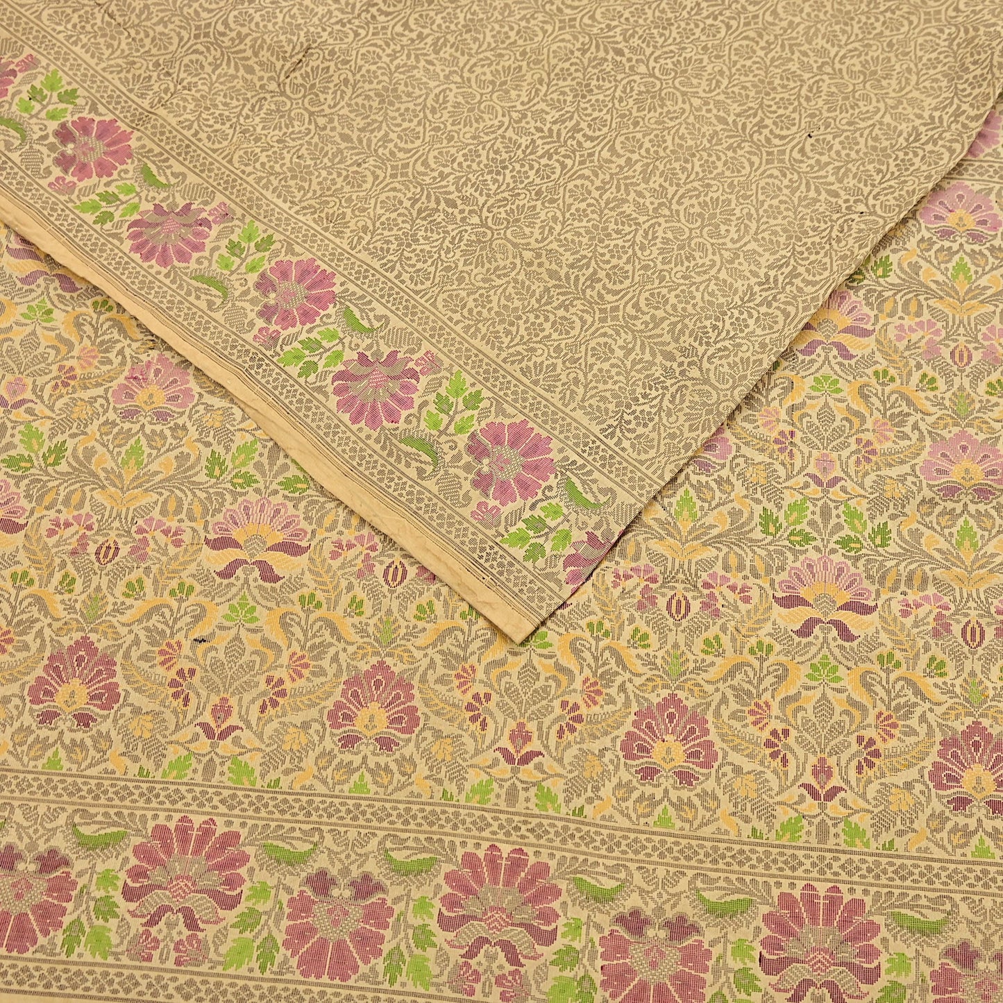Indian Vintage Sari Beige 100% Pure Silk Hand Woven Sarees Craft Fabric 5Yd Ethnic Sewing Dress making Crafting Quilting Upcycle