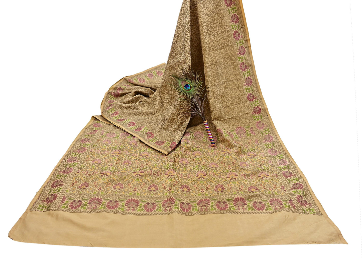 Indian Vintage Sari Beige 100% Pure Silk Hand Woven Sarees Craft Fabric 5Yd Ethnic Sewing Dress making Crafting Quilting Upcycle
