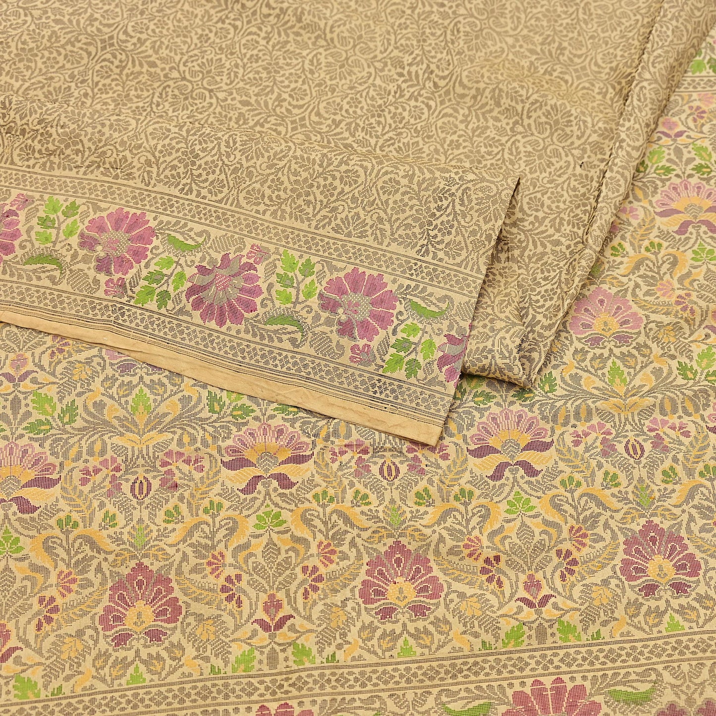 Indian Vintage Sari Beige 100% Pure Silk Hand Woven Sarees Craft Fabric 5Yd Ethnic Sewing Dress making Crafting Quilting Upcycle