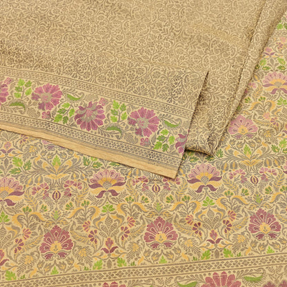 Indian Vintage Sari Beige 100% Pure Silk Hand Woven Sarees Craft Fabric 5Yd Ethnic Sewing Dress making Crafting Quilting Upcycle