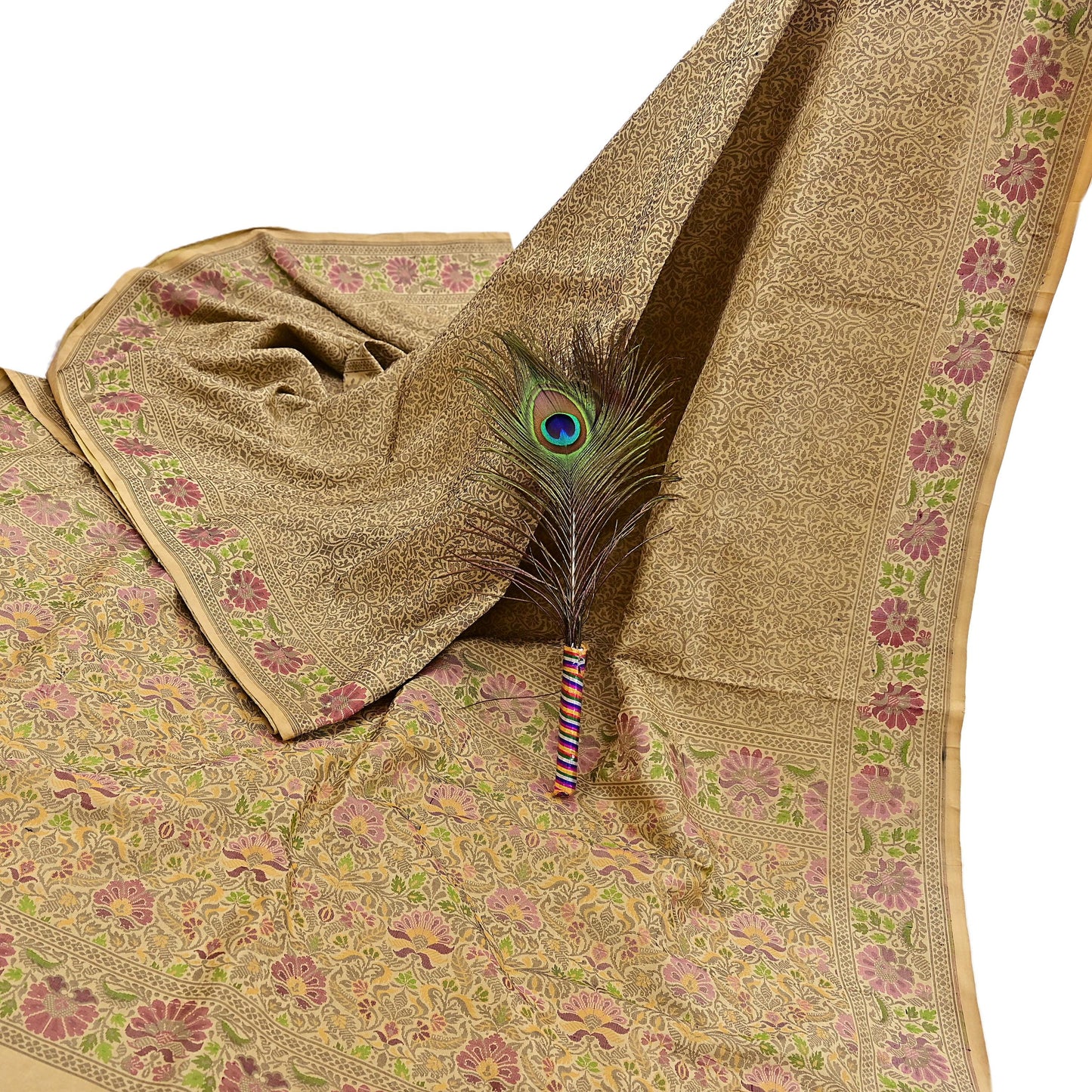 Indian Vintage Sari Beige 100% Pure Silk Hand Woven Sarees Craft Fabric 5Yd Ethnic Sewing Dress making Crafting Quilting Upcycle