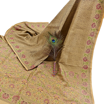 Indian Vintage Sari Beige 100% Pure Silk Hand Woven Sarees Craft Fabric 5Yd Ethnic Sewing Dress making Crafting Quilting Upcycle