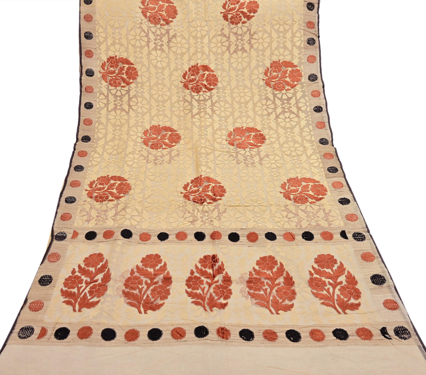 Indian Vintage Sarees Beige Pure Cotton Hand Woven Jamdani Sari 5yd Ethnic Floral Craft Fabric Dress making Upcycle Crafting Quilting