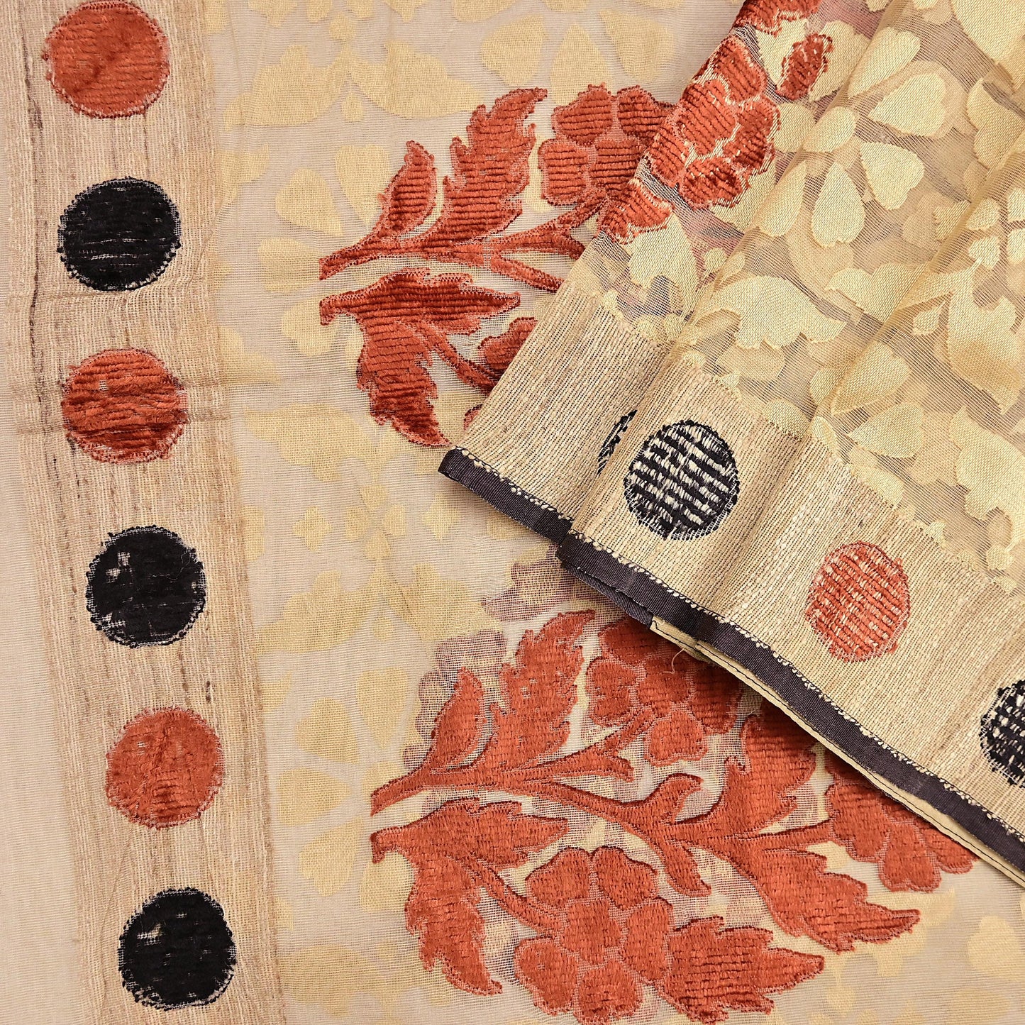 Indian Vintage Sarees Beige Pure Cotton Hand Woven Jamdani Sari 5yd Ethnic Floral Craft Fabric Dress making Upcycle Crafting Quilting