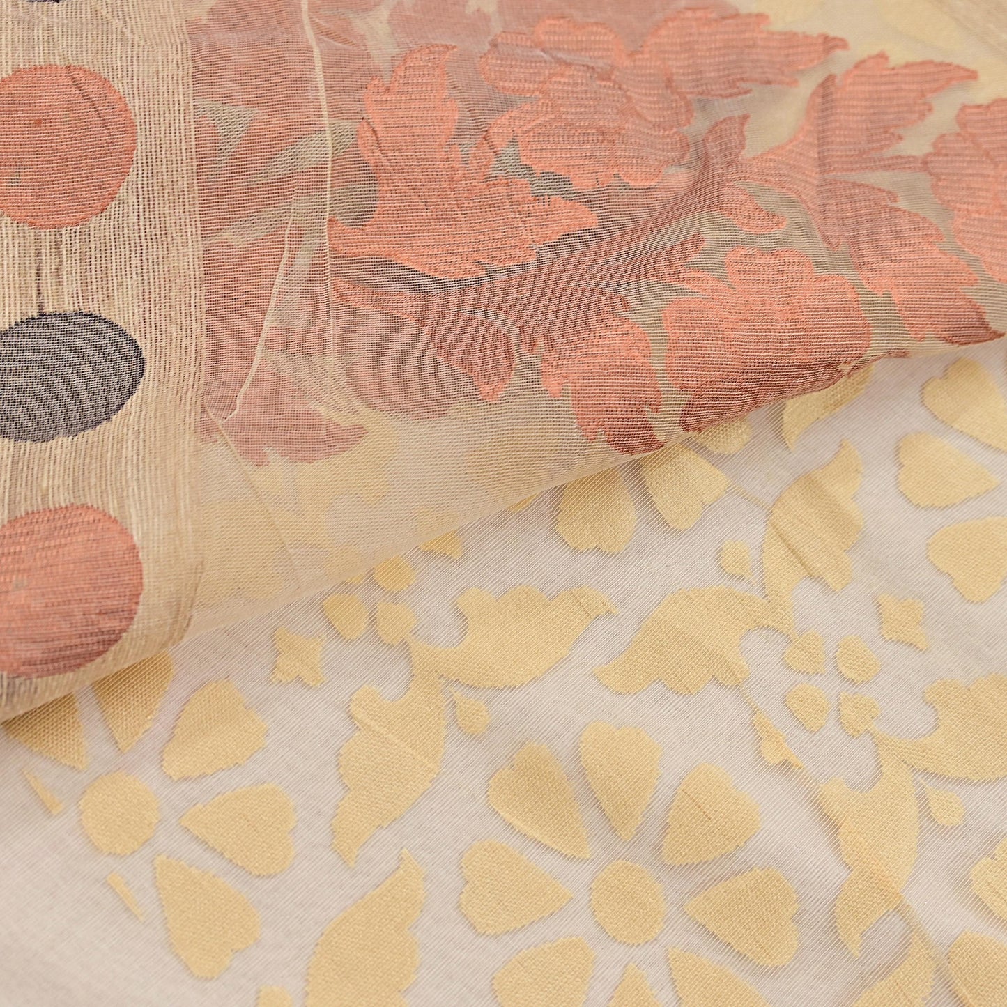 Indian Vintage Sarees Beige Pure Cotton Hand Woven Jamdani Sari 5yd Ethnic Floral Craft Fabric Dress making Upcycle Crafting Quilting