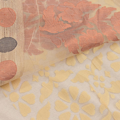 Indian Vintage Sarees Beige Pure Cotton Hand Woven Jamdani Sari 5yd Ethnic Floral Craft Fabric Dress making Upcycle Crafting Quilting